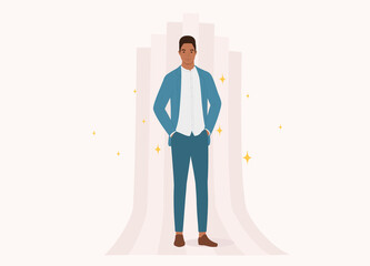 One Smiling Black Man In Smart Casual Standing With Both Hands In Pockets. Full Length. Flat Design Style, Character, Cartoon.