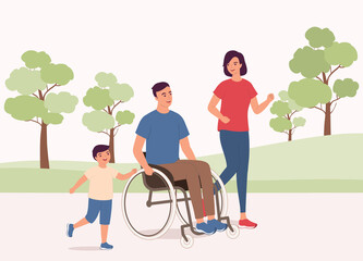 Happy Father With Wheelchair Exercising With His Wife And Son In The Park. Full Length. Flat Design Style, Character, Cartoon.