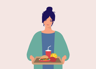 One Smiling Young Woman Holding A Serving Tray With Fast Food. Half Length. Flat Design Style, Character, Cartoon.