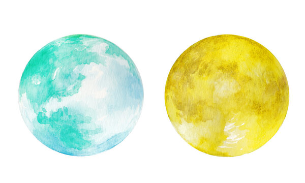 水彩で描いた地球と月のイラスト　挿絵　背景イラスト