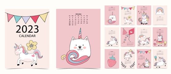2023 table calendar week start on Sunday with unicorn and flower that use for vertical digital and printable A4 A5 size