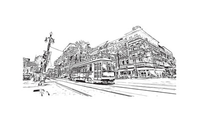 Building view with landmark of New Orleans is the 
city in Louisiana. Hand drawn sketch illustration in vector.