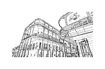 Building view with landmark of New Orleans is the 
city in Louisiana. Hand drawn sketch illustration in vector.