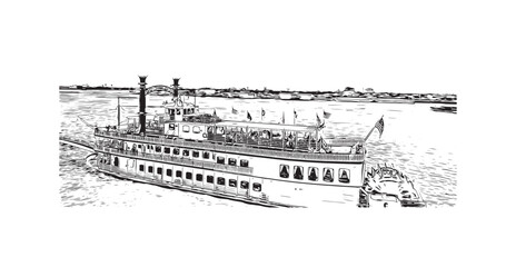 Building view with landmark of New Orleans is the 
city in Louisiana. Hand drawn sketch illustration in vector.