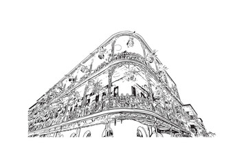 Building view with landmark of New Orleans is the 
city in Louisiana. Hand drawn sketch illustration in vector.