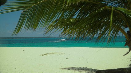 Tropical sandy beach and blue sea through palm branches. Summer and travel vacation concept....