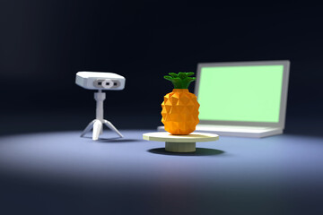 3D rendered image. Low polygon 3D objects.A 3D scanner, a notebook computer, and a pineapple on the turntable.