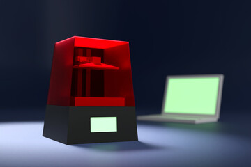 3D rendered image. Low polygon 3D objects. A 3D Printer and a notebook computer on the desk.