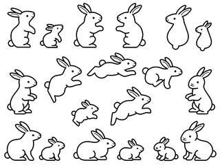 ウサギの親子の線画イラストセット