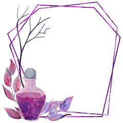 Hand drawn illustration of potion flask Halloween mystic magic frame with purple leaves black branches crystals mushrooms. Spooky horror flowers floral invitation elegant mystic design.
