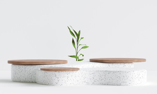 rounded wood with terrazzo marble podium on for product presentation. 3d illustration.