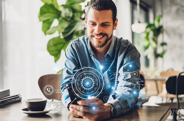 Success Businessman use smartphone with digital technology link internet connection HUD network ui icon futuristic virtual cloud connect internet online.Business world success and technology
