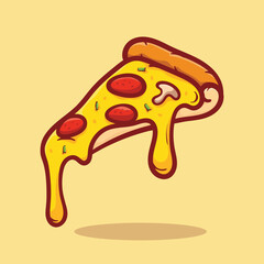 Pizza Slice, isolated vector illustration. Colored sketch drawn illustration of a hot slice of pepperoni pizza with melting cheese. Food cafe, pizzeria logo, signboard, banner, menu design element - obrazy, fototapety, plakaty