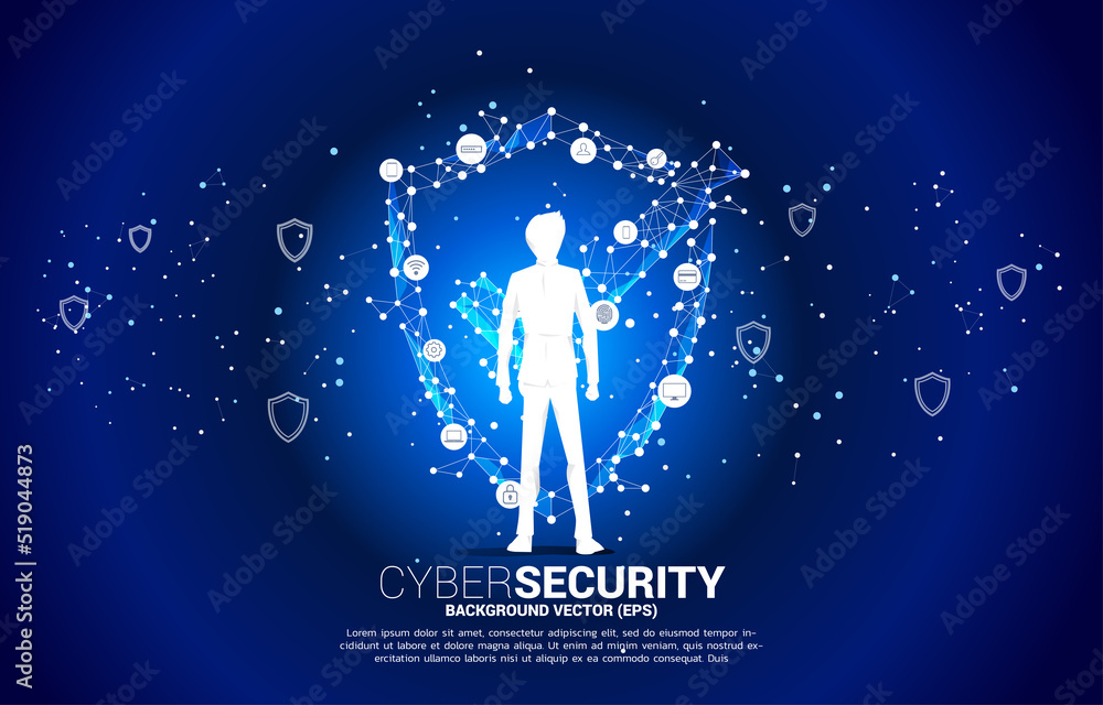 Poster Vector Silhouette of businessman with Protection shield icon from dot connect line polygon network. concept of guard security and safety