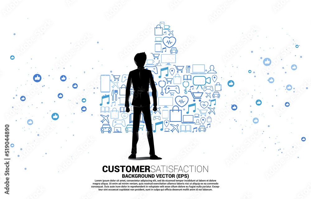 Poster businessman and big thumb up icon from small icon. concept of customer satisfaction , client rating 