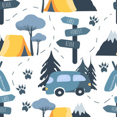 vector seamless pattern in a flat style on the theme of camping. pattern with tents, minivan, animal tracks and paths