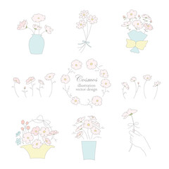[ ベクター ] 手描きのコスモスイラストセット / 線画 カラー