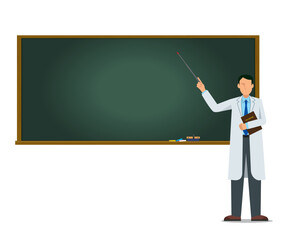 白衣を着た医師、教授が黒板で授業をするイラスト　カンファレンス　講義　アジア系男性　8等身