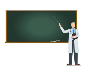 白衣を着た医師、教授が黒板で授業をするイラスト　カンファレンス　講義　白人系男性　8等身