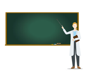 白衣を着た医師、教授が黒板で授業をするイラスト　カンファレンス　講義　白人系女性　8等身