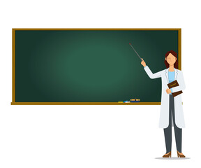 白衣を着た医師、教授が黒板で授業をするイラスト　カンファレンス　講義　アジア系女性　8等身