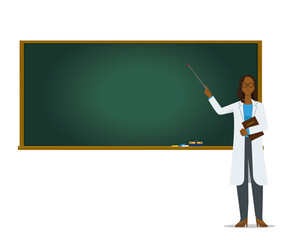 白衣を着た医師、教授が黒板で授業をするイラスト　カンファレンス　講義　アフリカ系女性　8等身