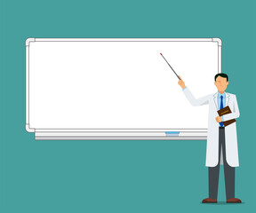 白衣を着た医師、教授がホワイトボードで授業をするイラスト　カンファレンス　講義　アジア系男性　8等身