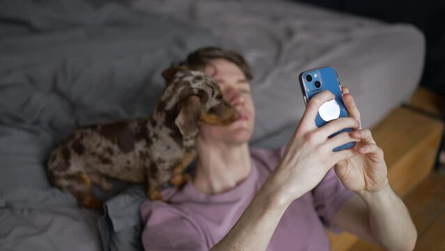 4k Young man is taking selfie with dog and sitting in home bedroom spbd. Closeup view of caucasian guy holds smartphone and takes photo, kisses cute pet and sits in light room. One millennial person