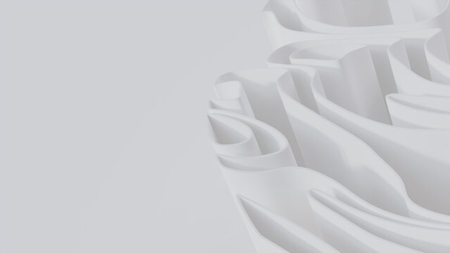 Abstract wallpaper made of White 3D Ribbons. Light 3D Render with copy-space. 