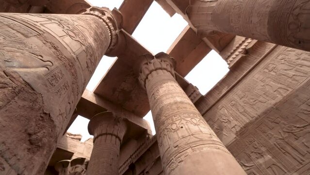 View of huge columns in an ancient temple in Kom Ombo, Egypt.