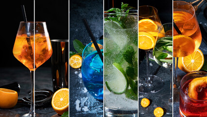 Collage made of Cocktails assortment served on dark background.