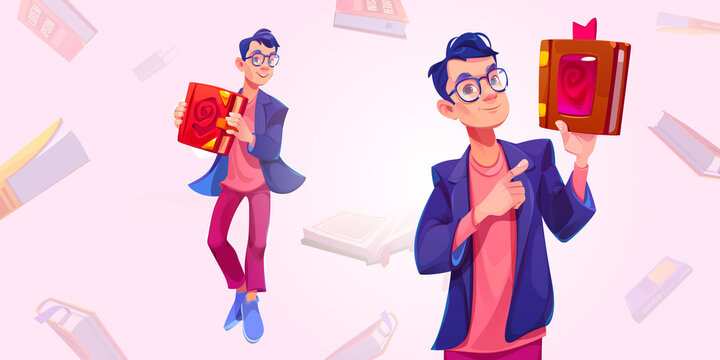 Writer presenting book, man holding paper volume with bookmark in hands pointing with index finger on cover. Author male character in trendy clothes presenting bestseller, Cartoon vector illustration