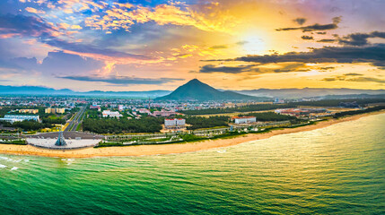 The scenery seen from above, the coastal city of Tuy Hoa, Vietnam, welcomes a beautiful sunset.