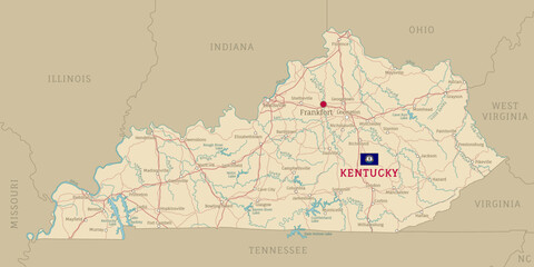 Road map of Kentucky, US American federal state. Editable highly detailed transportation map of Kentucky with highways and interstate roads, rivers and cities realistic vector illustration