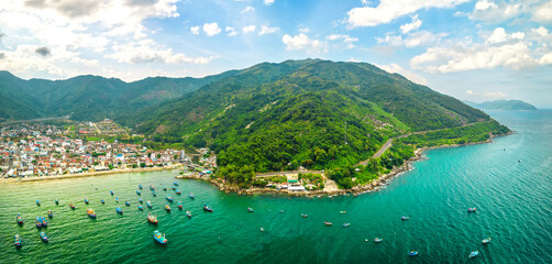Dai Lanh fishing village seen from above with hundreds of boats anchored to avoid storms, this is a beautiful bay in Nha Trang, Vietnam