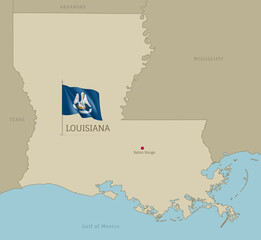 Map of Louisiana USA federal state with waving flag. Highly detailed editable map of Louisiana state with territory borders and Baton rouge capital city vector illustration