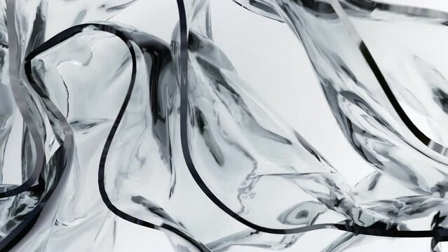 Abstract glass reflective ribbon surfaces. High quality 3D cgi animation. Copy space.