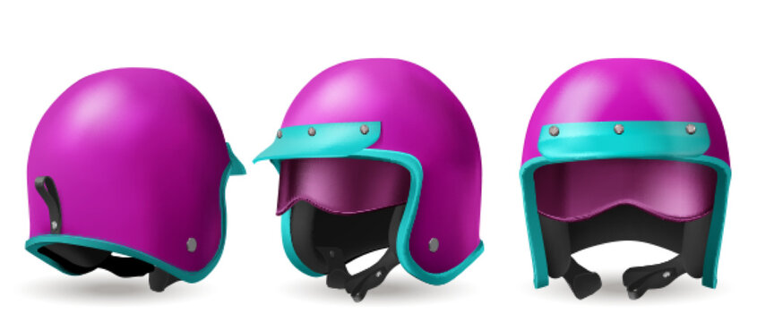 Motorcycle helmet for moto race and ride on scooter. Vector realistic illustration of 3d retro pink helmet with blue visor and glasses in front, back and angle view isolated on white background