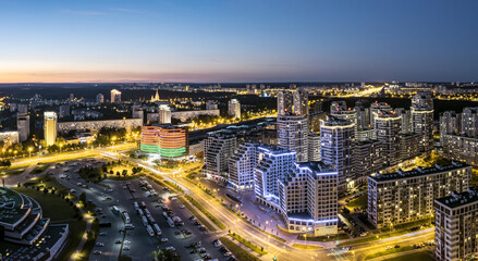 residential district with high-rise apartment buildings. Mayak neighborhood in Minsk, Belarus. aerial panoramic view.