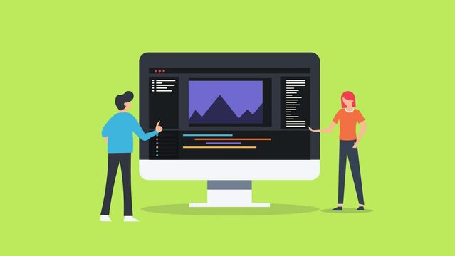 Content creator team using video software, creating video content for audience engagement social media, man and woman working on video production and  editing conceptual 2d animation.