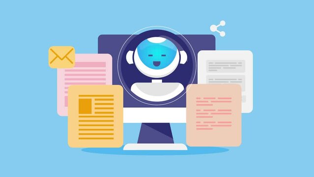 AI content creator, artificial intelligence producing faster and accurate content for web, blog and website communication technology, writing tool conceptual 2d animation video clip.