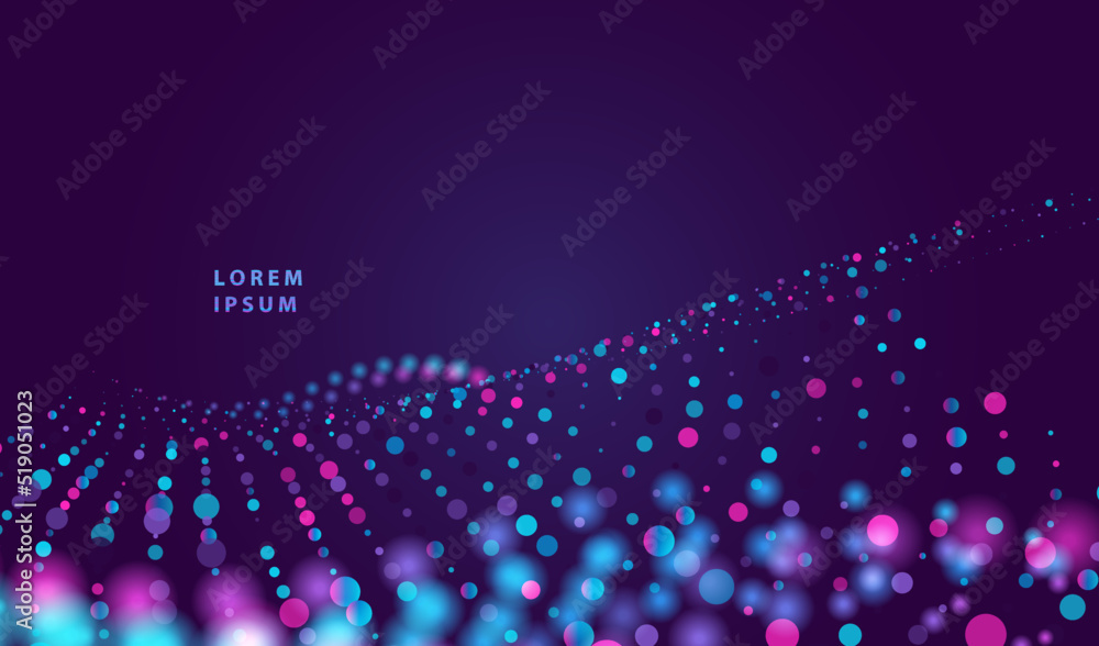 Poster particles dots glowing abstract background. neon splash surface shapes design. modern big data techn
