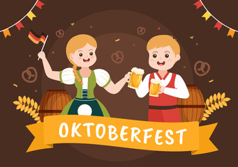 Oktoberfest Festival Cartoon Illustration with Bavarian Costume Holding Beer Glass while Dancing in Traditional German in Flat Style Design