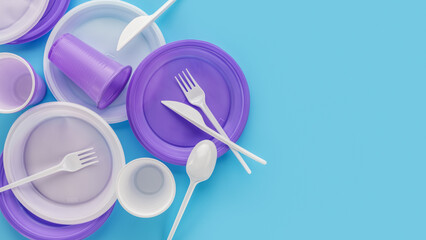A set of disposable, lilac and white, plastic utensils. Blue background, copy space. The concept of ecology and recycling of plastic waste