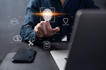 Person touching virtual screen to scan fingerprints, digital transformation management concept. Internet of Things, Big Data and Business Processes, Automation, Storage Systems, Cloud Computing