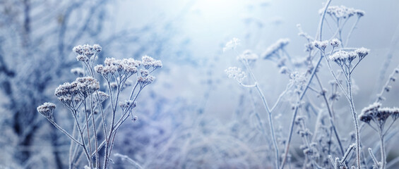 Winter background with frost-covered dry grass in gentle light blue tones
