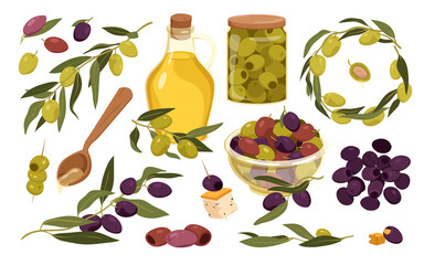 Set of olives fruit and natural jug oil. Green and black olives with leaves, jar with pitted olives, aperitif snacks, bitter mediterranean fruit, healthy food vector illustration