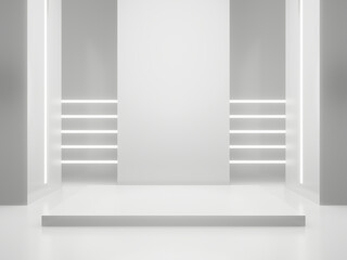 3D White Sci-Fi product display background. Scientific podium with white neon lights.