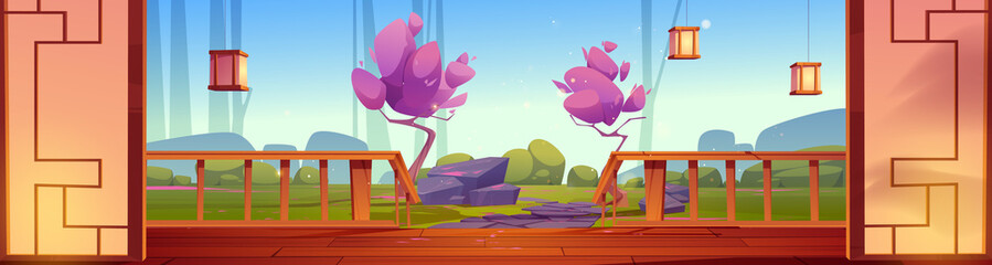 House wooden terrace in japanese garden with green grass and sakura trees. Vector cartoon panoramic illustration of house porch with fence, stairs and view to backyard with pink trees