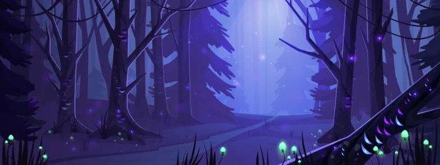 Poster Nachtboslandschap met bomen en weg, glimwormen en paddenstoelen die in duisternis glanzen. Wild hout fantasie achtergrond, donkere mysterieuze plek met planten onder maanlicht, Cartoon vectorillustratie © klyaksun
